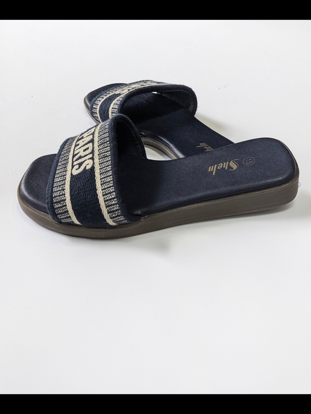 ⚡Girls SHEIN Navy Slide Sandals with 'PARIS' Cream Woven Band